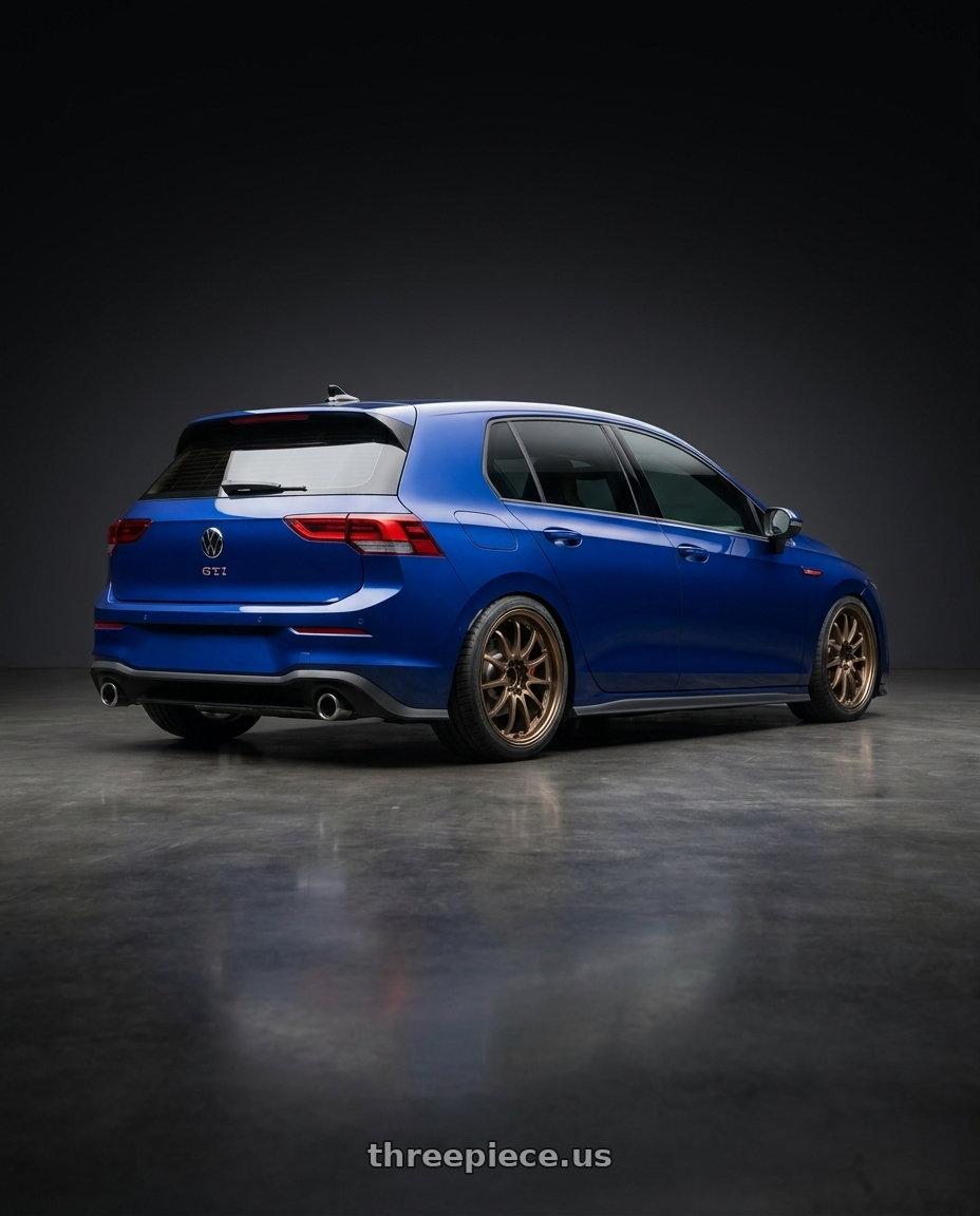 2023 golf gti with Volk Racing CE28N 5x114.3 18x8.5 +30 BRONZE wheels rear three quarter view square tires