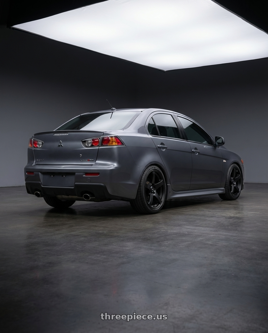 2014 Mitsubishi Lancer Ralliart with Ssr Gtv01 5x114.3 18x9+35  FLAT BLACK wheels rear three quarter view square tires