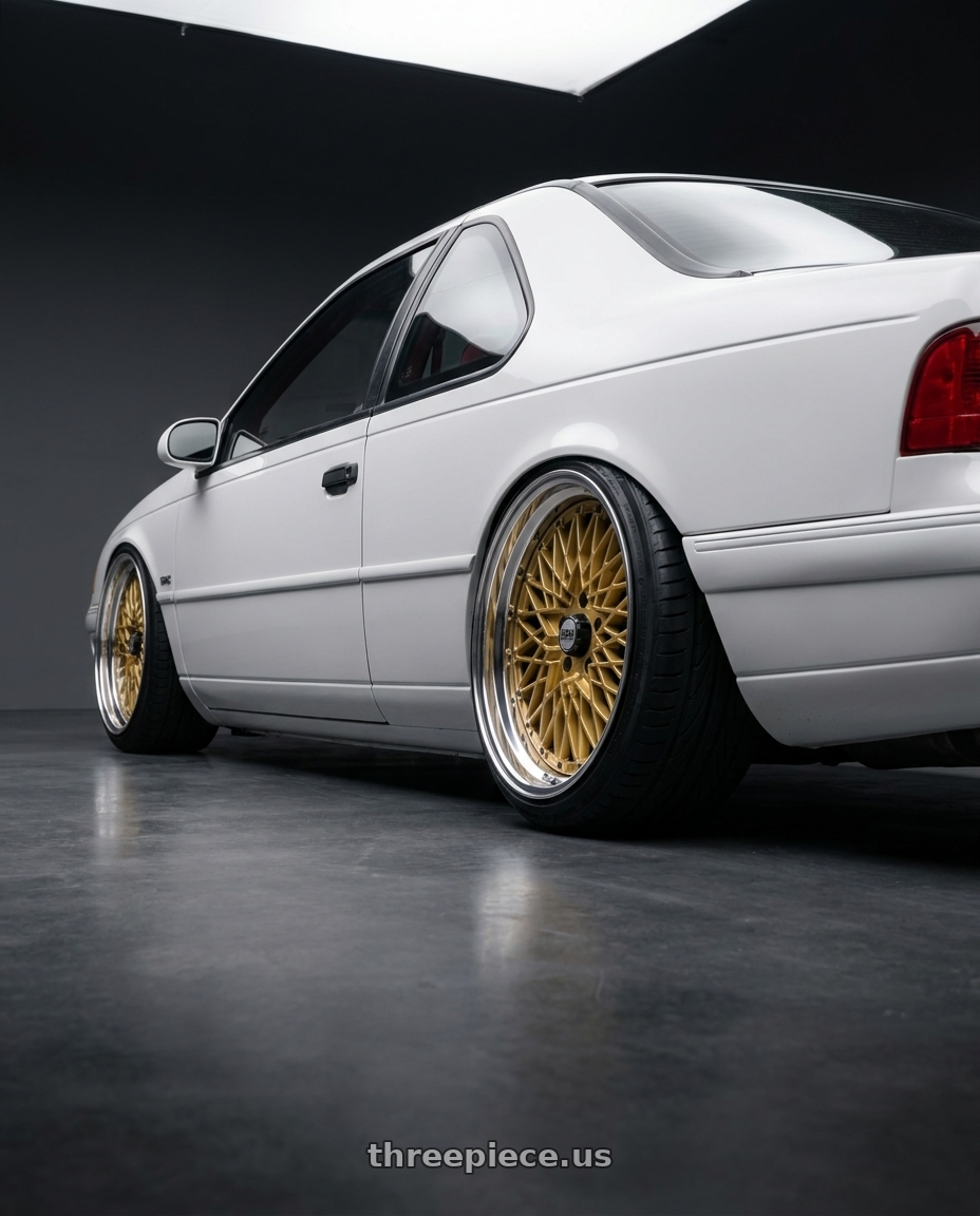 1993 Ford Thunderbird with SSR Formula MESH 5X100 18X10.5+0 HP Disk Fm Gold wheels rear three quarter view extreme stretch tires