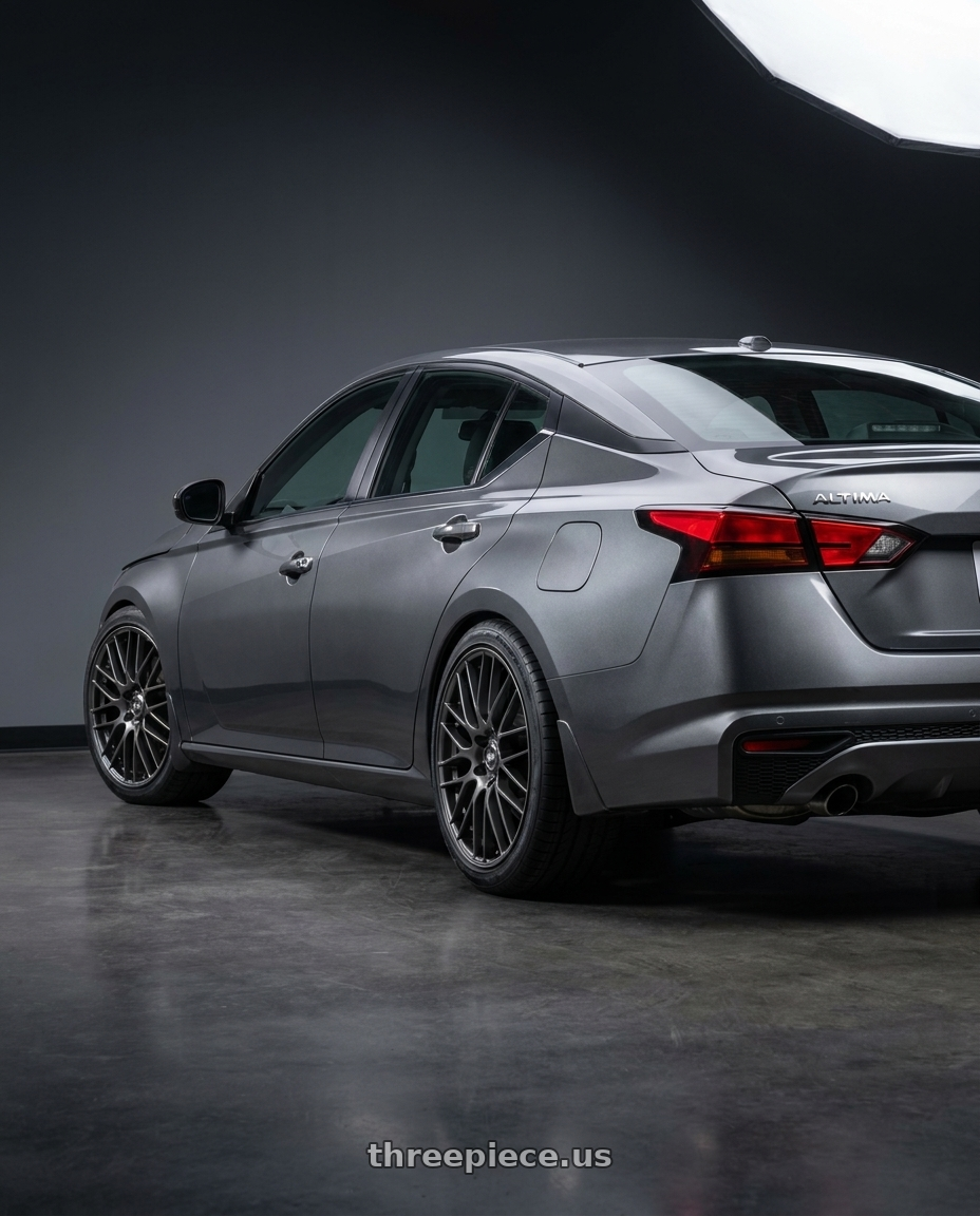 2021 Nissan Altima SV with Enkei EKM3 5x114.3 18x8+40 Gunmetal wheels rear three quarter view square tires