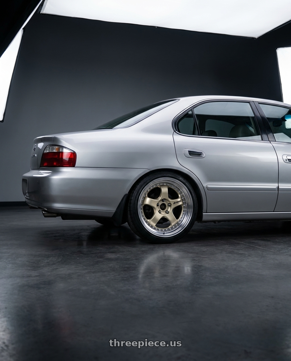 1998 Acura TL with Work Meister S1 3P 4x114.3 18x8+48 A Disk Bright Buff Finish wheels rear three quarter view square tires
