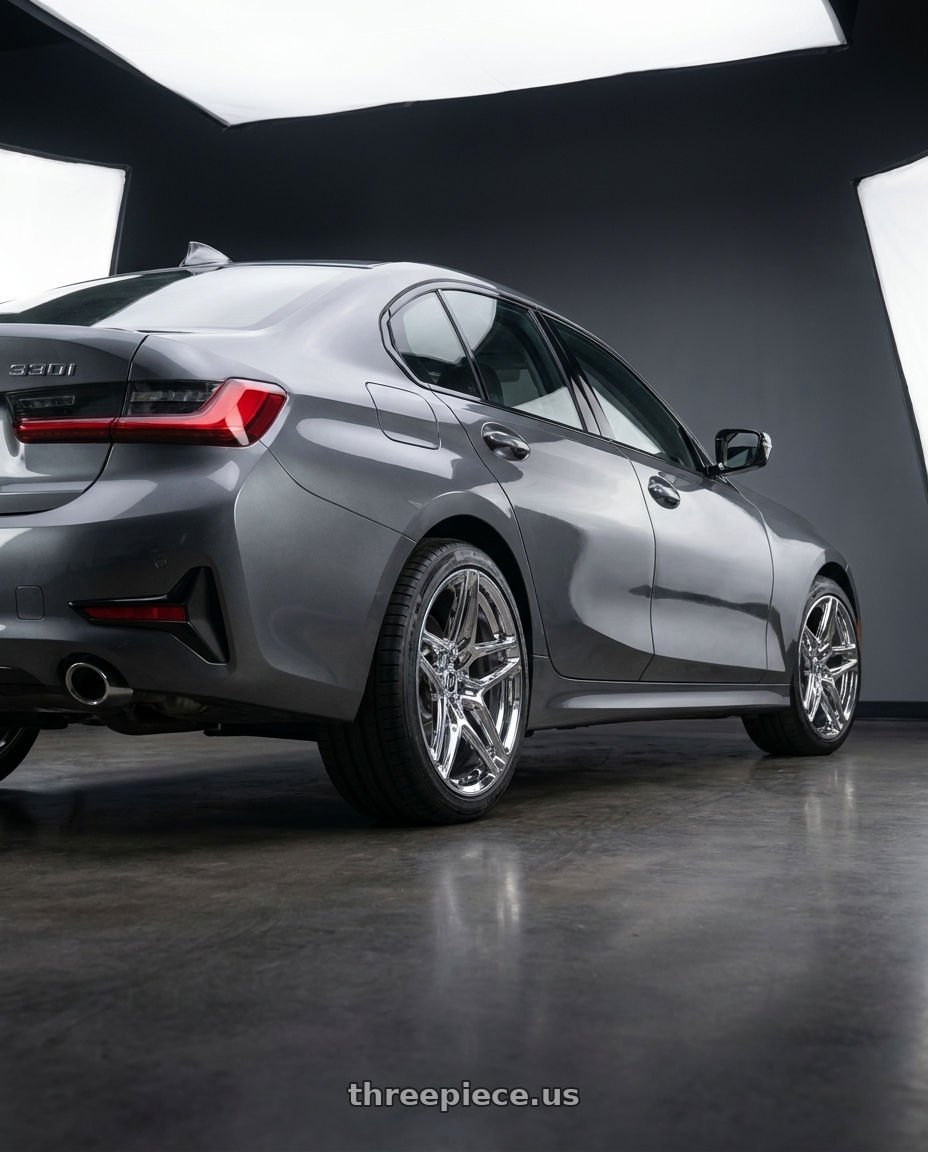 2020 bmw 330i  with Heritage Wheel EBISU MonoC 5x112 18x8.5+35 Chrome wheels rear three quarter view square tires