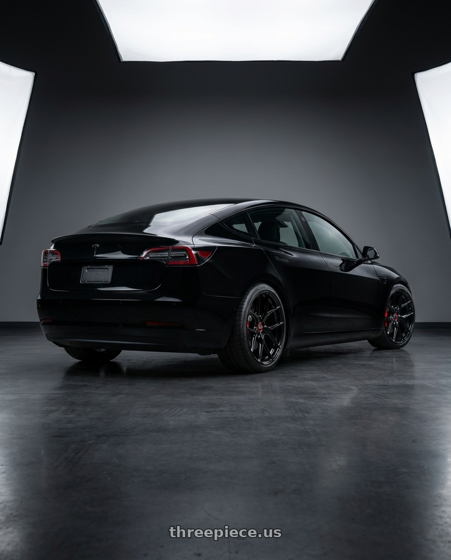 2019 tesla model 3 performance black with Vossen HF-5 20x11 / 5x115 / ET -6 / Super Deep Face / 71.5 - Gloss Black Wheel - HF5-0D07 wheels rear three quarter view square tires