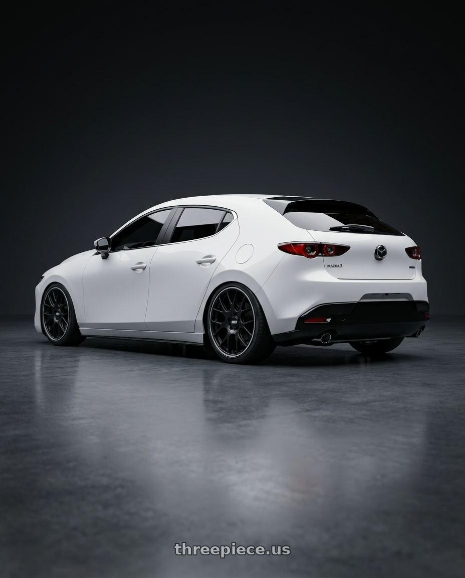 2025 mazda 3 with BBS CH-R 5x112 18x8.5 +38 Satin Black Polished Rim Protector wheels rear three quarter view square tires