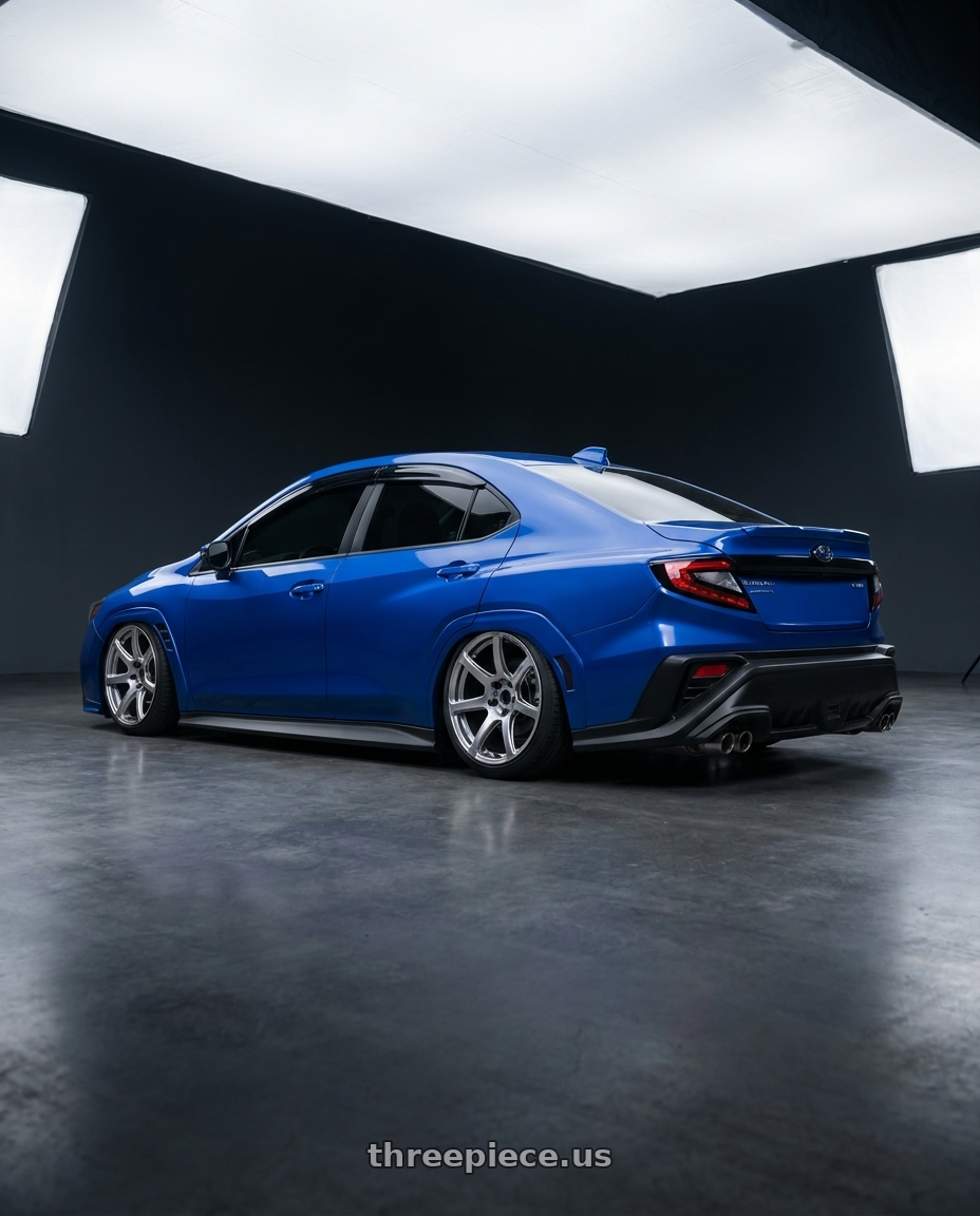 2024 Subaru WRX with Work Emotion T7r 5x114.3 18x9.5 +22 Gt Silver wheels rear three quarter view slight stretch tires
