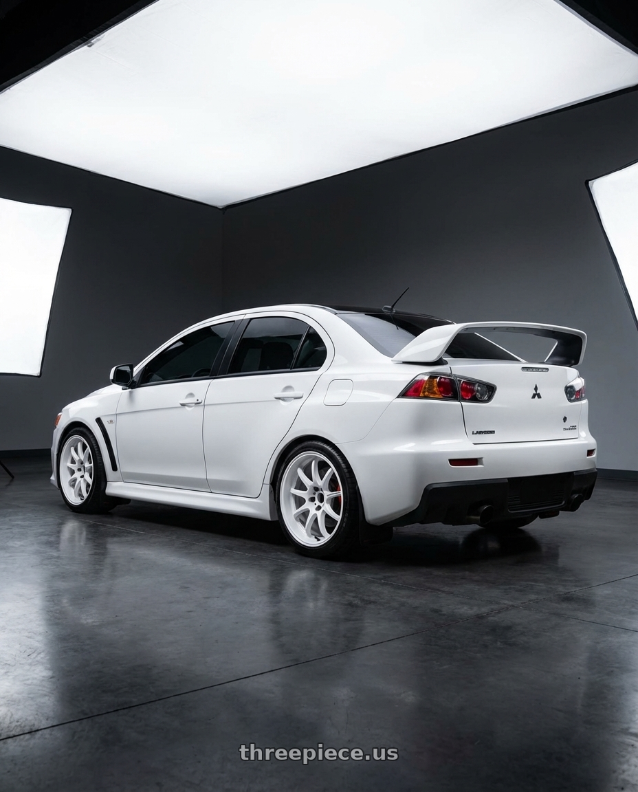 2015 evo x with Work Emotion D9r 5x100 19x9.5 +23 White wheels rear three quarter view square tires