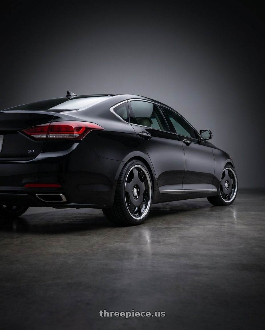 2016 hyundai genesis 3 8 with Work Lanvec Ld1 5x114.3 19x8.5+38 A Disk Black wheels rear three quarter view square tires