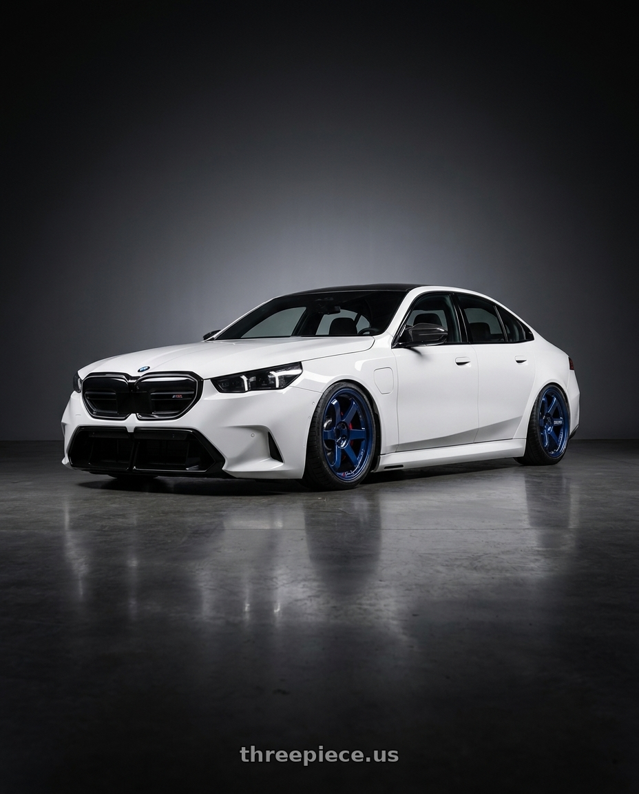 2024 bmw m5 white paint with Volk Racing TE37SL 5x114.3 19x10.5 +12 MAG BLUE wheels