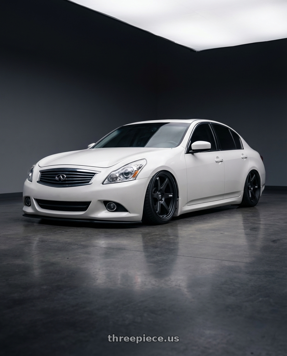 2012 Infiniti G37 with ESR Wheels APEX SERIES AP6 5x114.3 19x9.5 +22 Matte Black wheels front three quarter view stanced stance