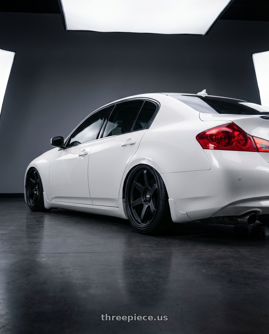 2012 Infiniti G37 with ESR Wheels APEX SERIES AP6 5x114.3 19x9.5 +22 Matte Black wheels rear three quarter view slight stretch tires