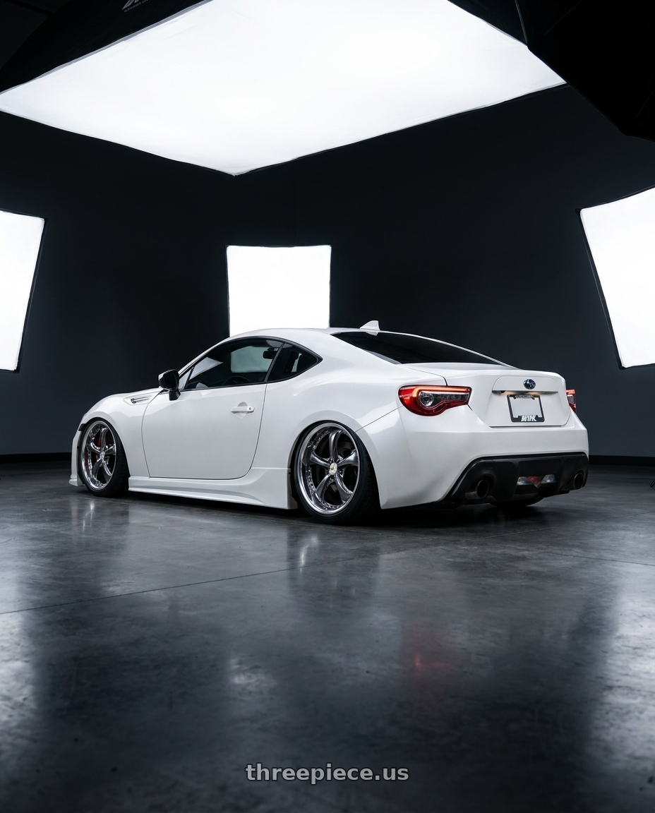 2017 Subaru brz with Work Wheels VS-KF 5x100 18x9.5-11 Brilliant Silver Black O Disk FULL REVERSE wheels rear three quarter view square tires