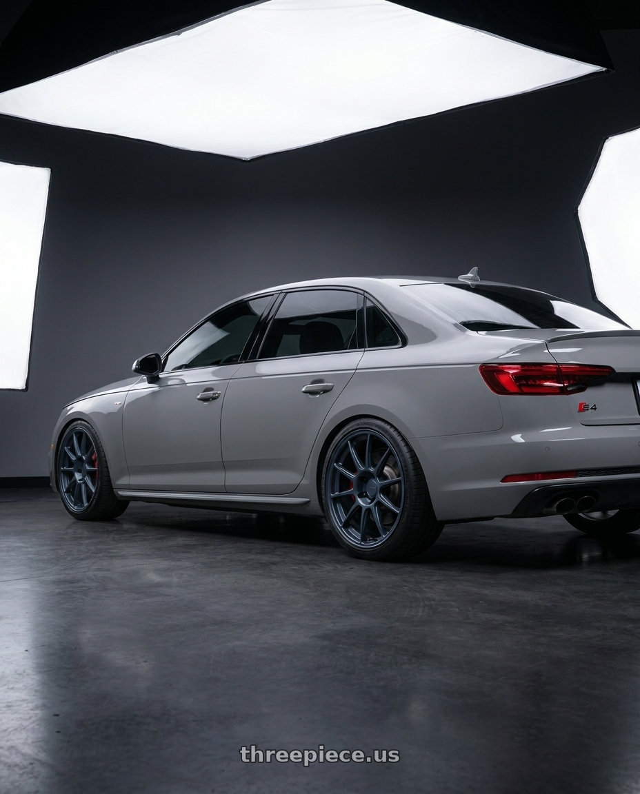 2019 Audi s4 with TSW IMATRA 5X112 18X9.5 +22 SATIN DARK BLUE wheels rear three quarter view square tires