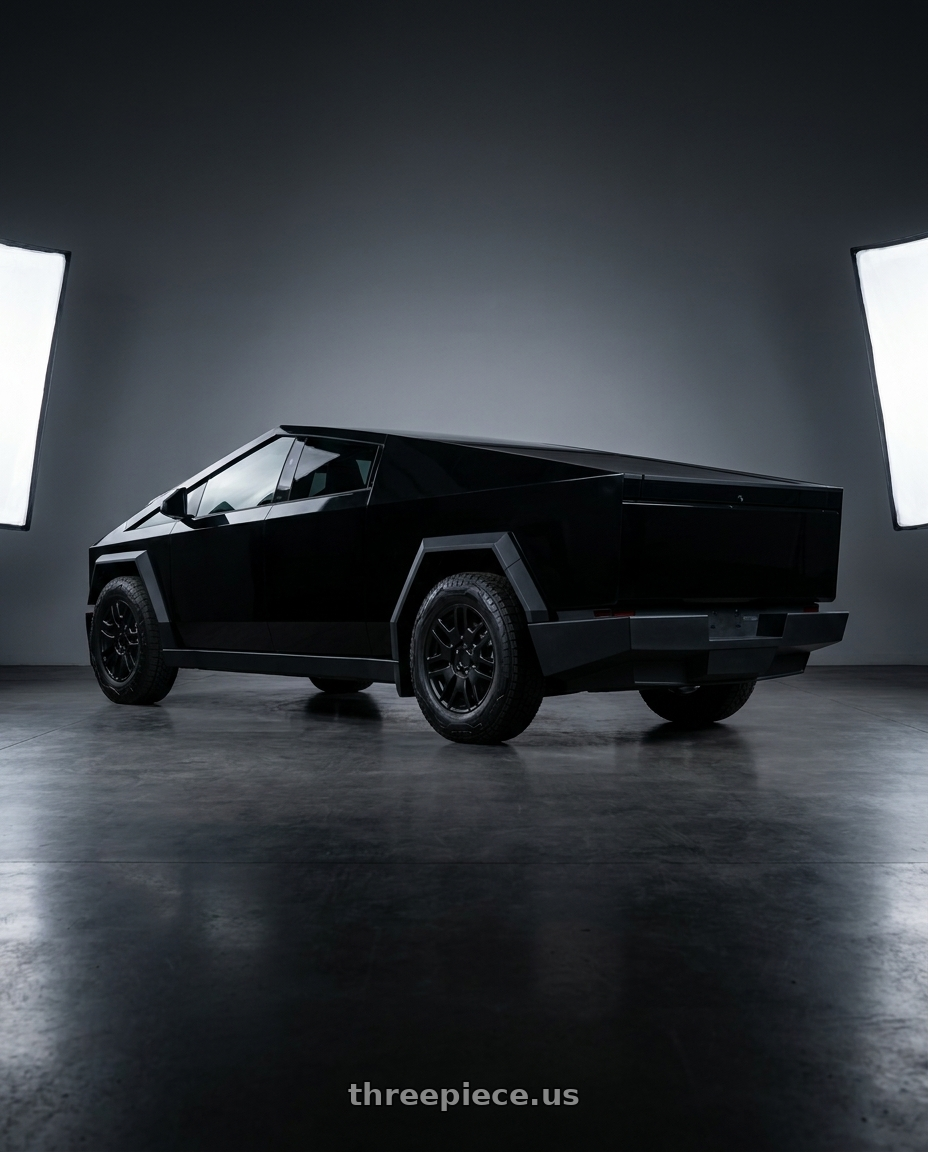 2026 Tesla Cybertruck with OE Wheels CV99 6x139.7 20x9+31 Black wheels rear three quarter view square tires