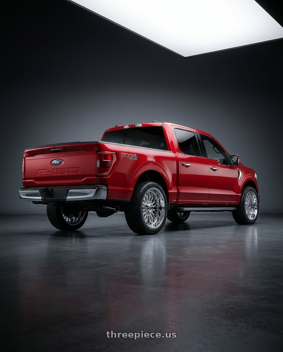 2025 ford f150 XLT supercrew with Moto Metal MO809 STINGER 6X135/6X139.7 20X10 -18 CHROME wheels rear three quarter view square tires