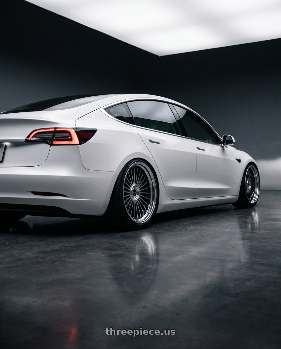 2019 tesla model 3 long with Work Emitz Black Polish 5x114.3 20x10.0 +45 wheels rear three quarter view slight stretch tires