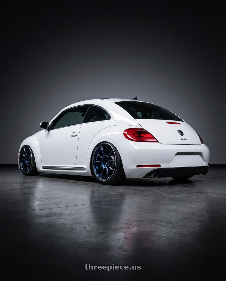 2016 Volkswagen Beetle Turbo with Advan Racing RZII 5x112 19x8.0 +48 RACING INDIGO BLUE & RING wheels rear three quarter view slight stretch tires