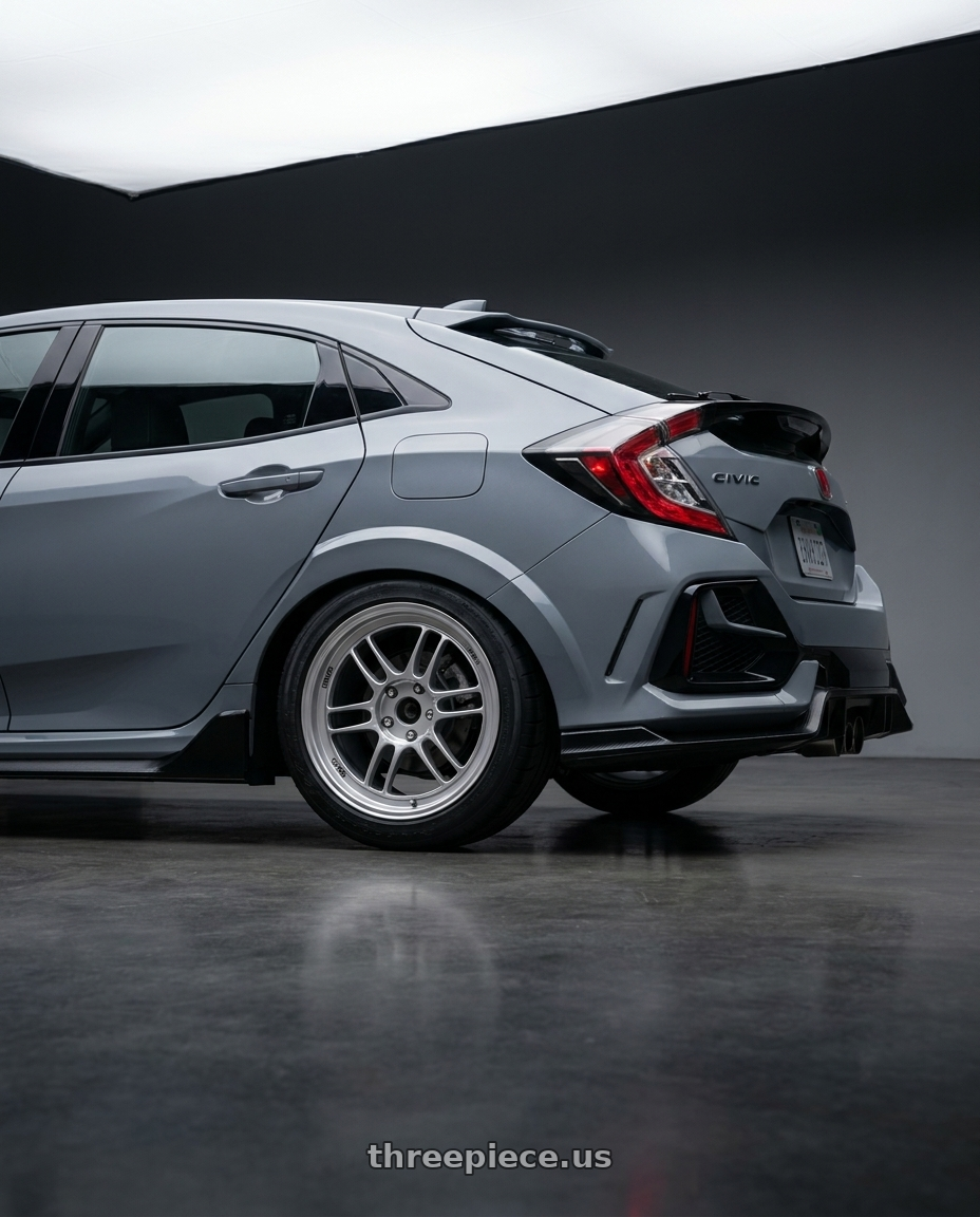 2021 Honda Civic Type R with Enkei RPF1 5x120 18x8.5+40 Silver wheels rear three quarter view square tires