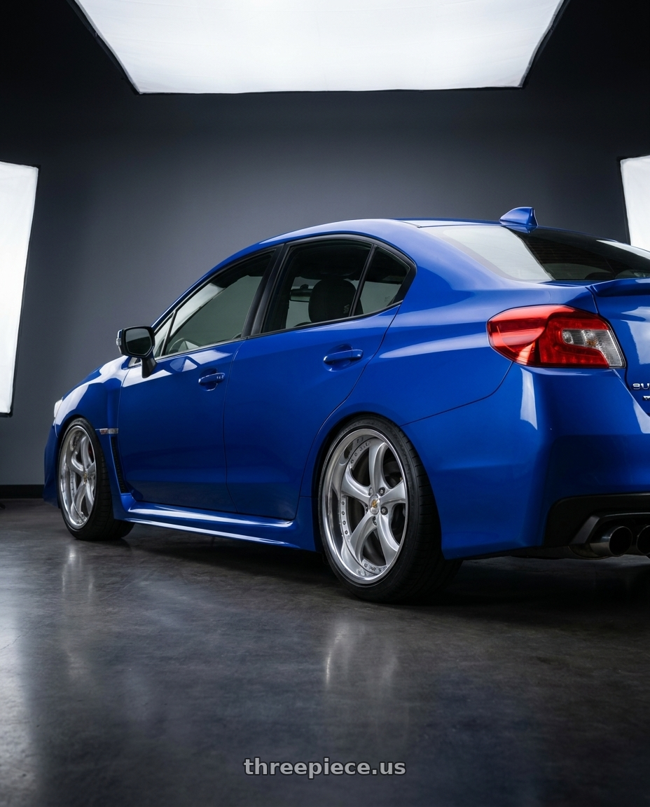 2020 Subaru WRX with Work Wheels VS-KF 5x114.3 18x8.5+47 Light Grey Silver A Disk FULL REVERSE wheels rear three quarter view square tires