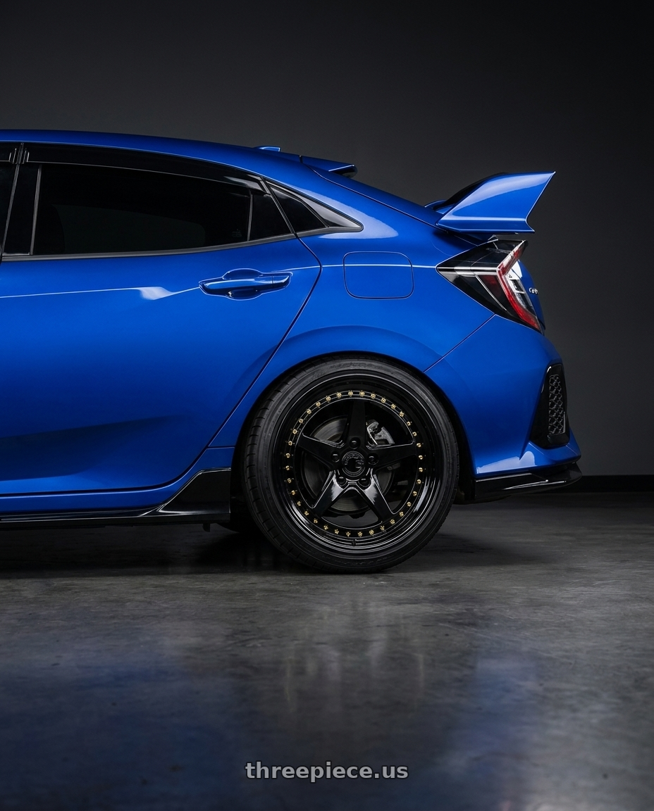 2017 Honda Civic RS with Aodhan DS05 5x114.3 18x9.5+15 Gloss Black W /Gold Rivets wheels rear three quarter view square tires