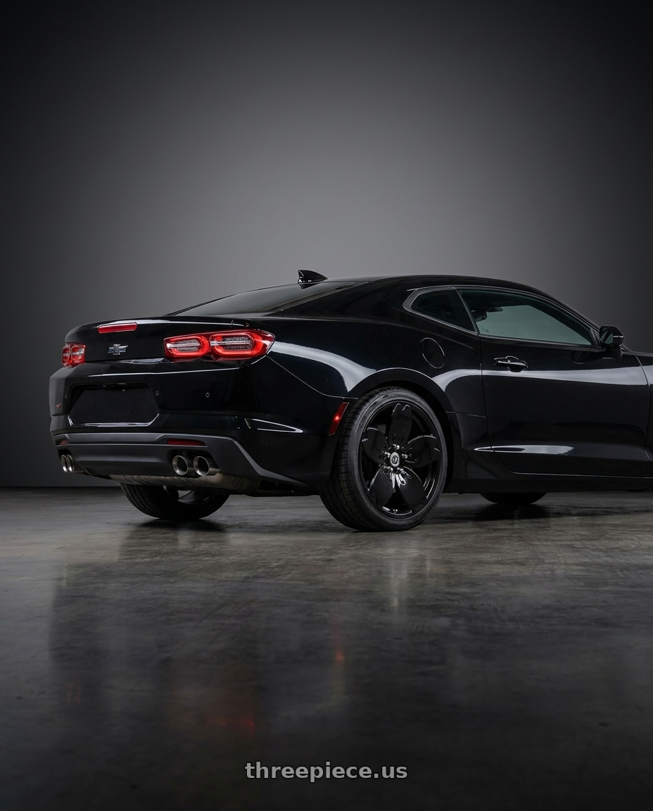 2022 Chevy Camaro with Heritage Wheel Sakura MonoC 5x120 18x8.5 +35 Black wheels rear three quarter view square tires
