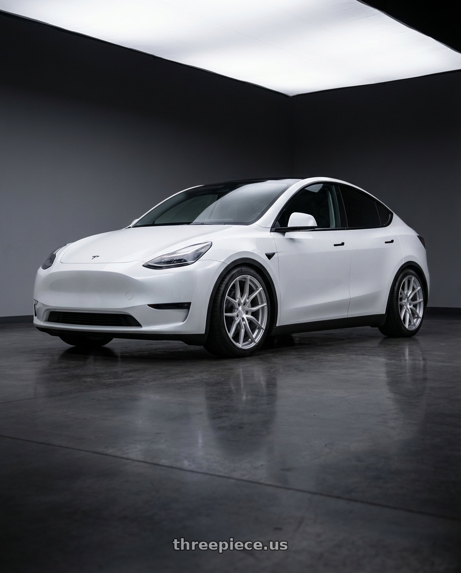 2024 Tesla Model Y with Aodhan AFF1 5x114.3 20x9+32 Gloss Silver Machined Face wheels front three quarter view lowered stance