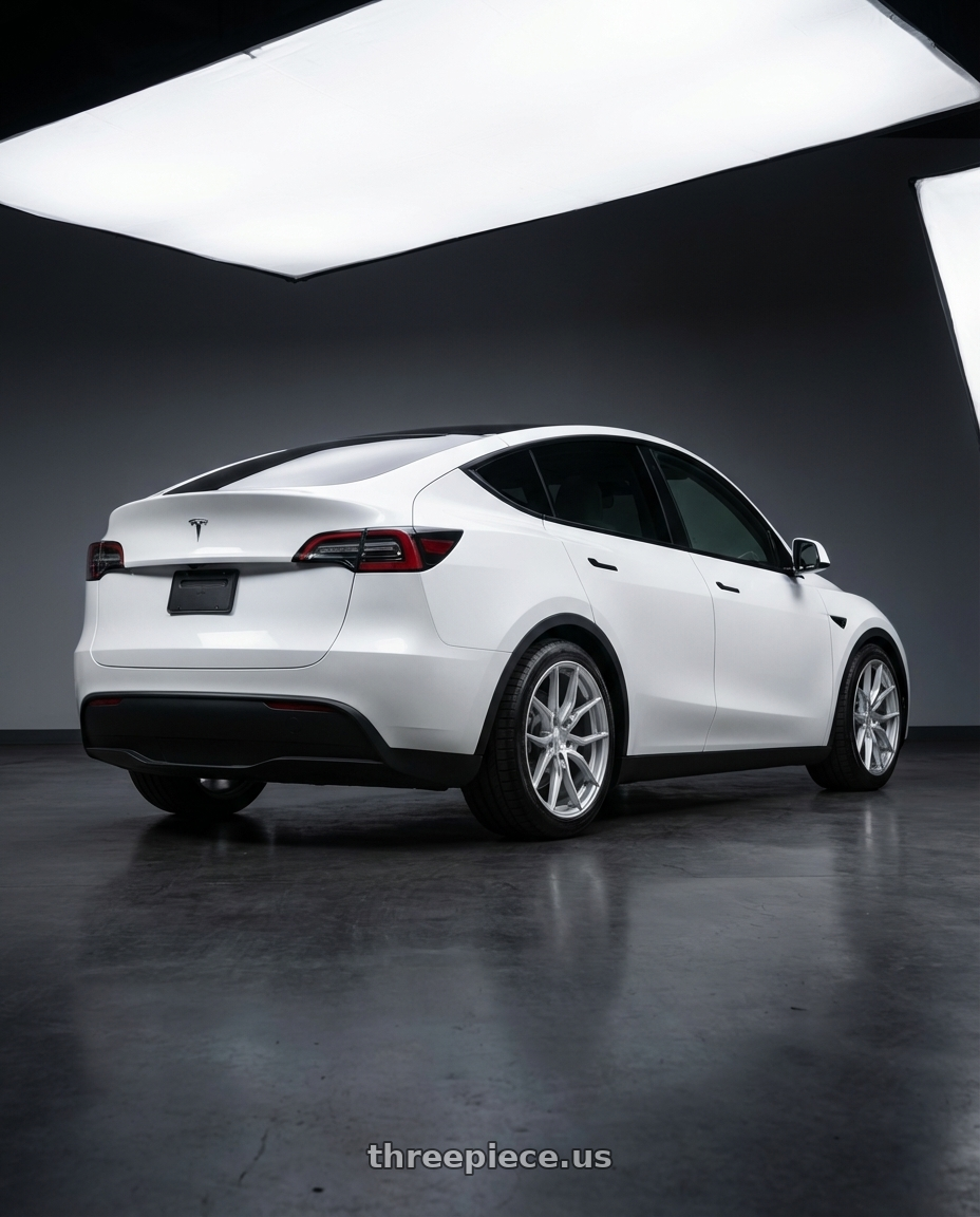 2024 Tesla Model Y with Aodhan AFF1 5x114.3 20x9+32 Gloss Silver Machined Face wheels rear three quarter view square tires