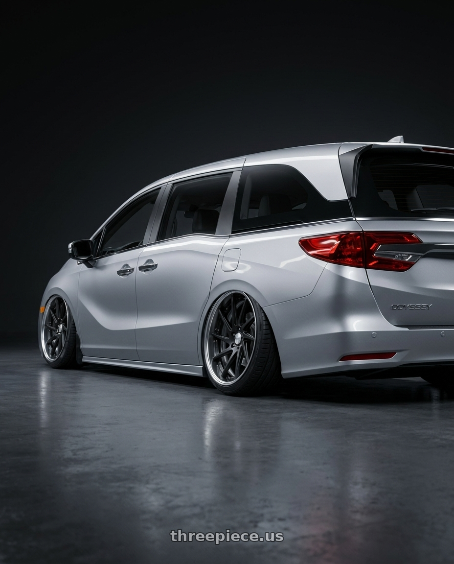 2024 Honda Odyssey  with Work Gnosis Cvs 5x120 20x8.5+45 H Disk Matte Black wheels rear three quarter view slight stretch tires