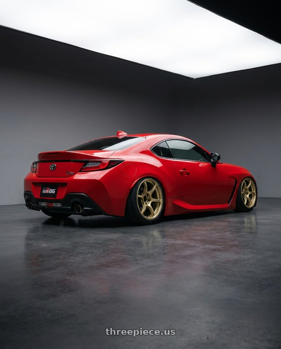 2024 Toyota GR86 with Advan RGIII 5x114.3 18x8.0+45 Gold wheels rear three quarter view slight stretch tires