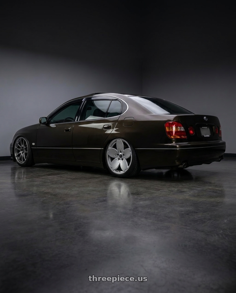 2000 Lexus gs300 with Heritage Wheel Sakura MonoC 5x114.3 18x8.5 +35 Silver wheels rear three quarter view square tires