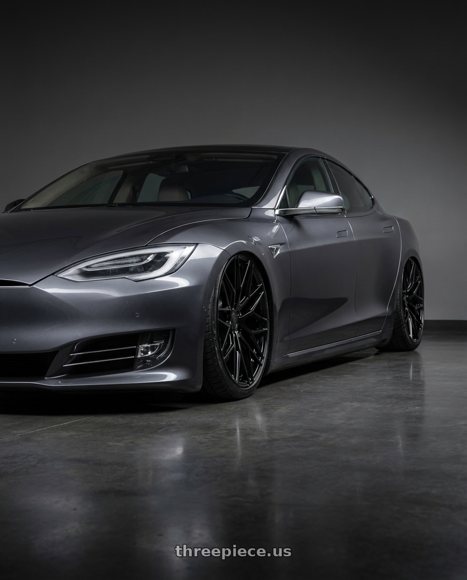 2018 Tesla Model S with Avant Garde Wheels M520R 5X120 21x12 +52 Gloss Black wheels front three quarter view stanced stance