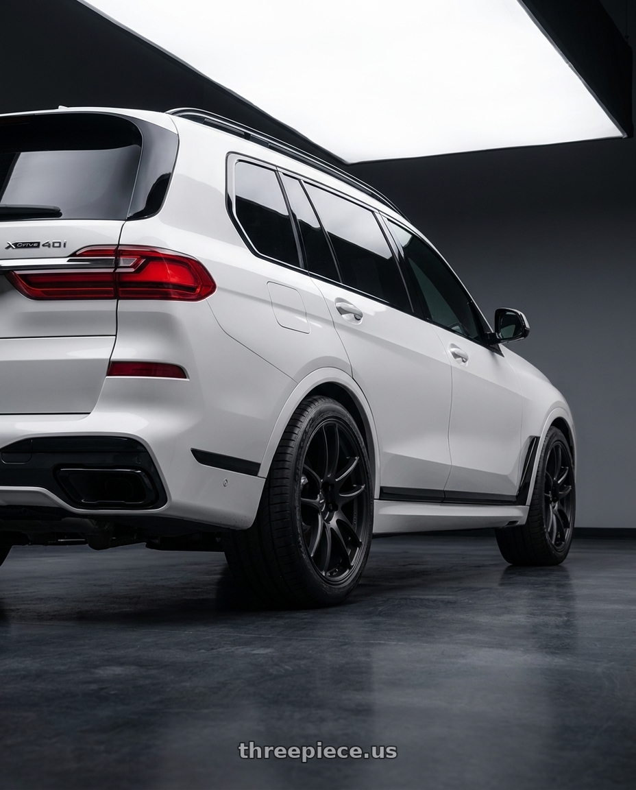 2021 bmw x7 xdrive40i with Work Emotion Cr Kiwami 5x114.3 19x9.5 +25 Matte Black wheels rear three quarter view square tires