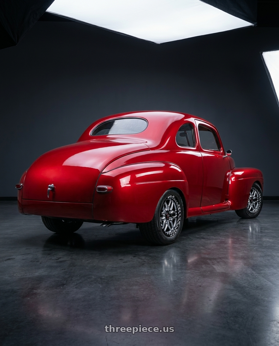 1946 Ford Coupe with WELD Street Performance Laguna 6 Beadlock 6x127 20x9.5 +35 Gloss Black/Milled Diamond Cut Lip wheels rear three quarter view square tires