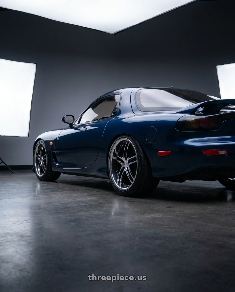 1993 Mazda RX-7 with XIX Wheels XIX 15 5x108 20x10 +40 Gloss Black Machined with Stainless Steel Lip wheels rear three quarter view square tires