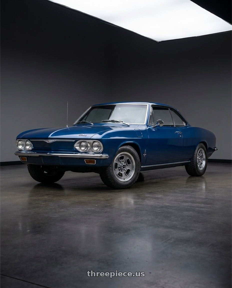 1965 Chevrolet Corvair with Vision American-Muscle 148 Shift 5x120.65 15x7-7 Satin Grey Machined Face/Lip wheels