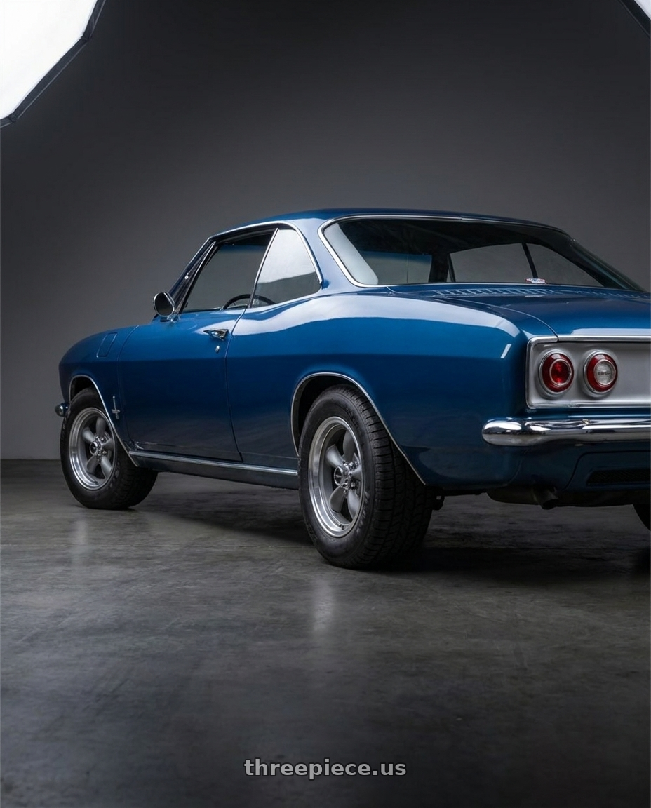 1965 Chevrolet Corvair with Vision American-Muscle 148 Shift 5x120.65 15x7-7 Satin Grey Machined Face/Lip wheels rear three quarter view meaty tires