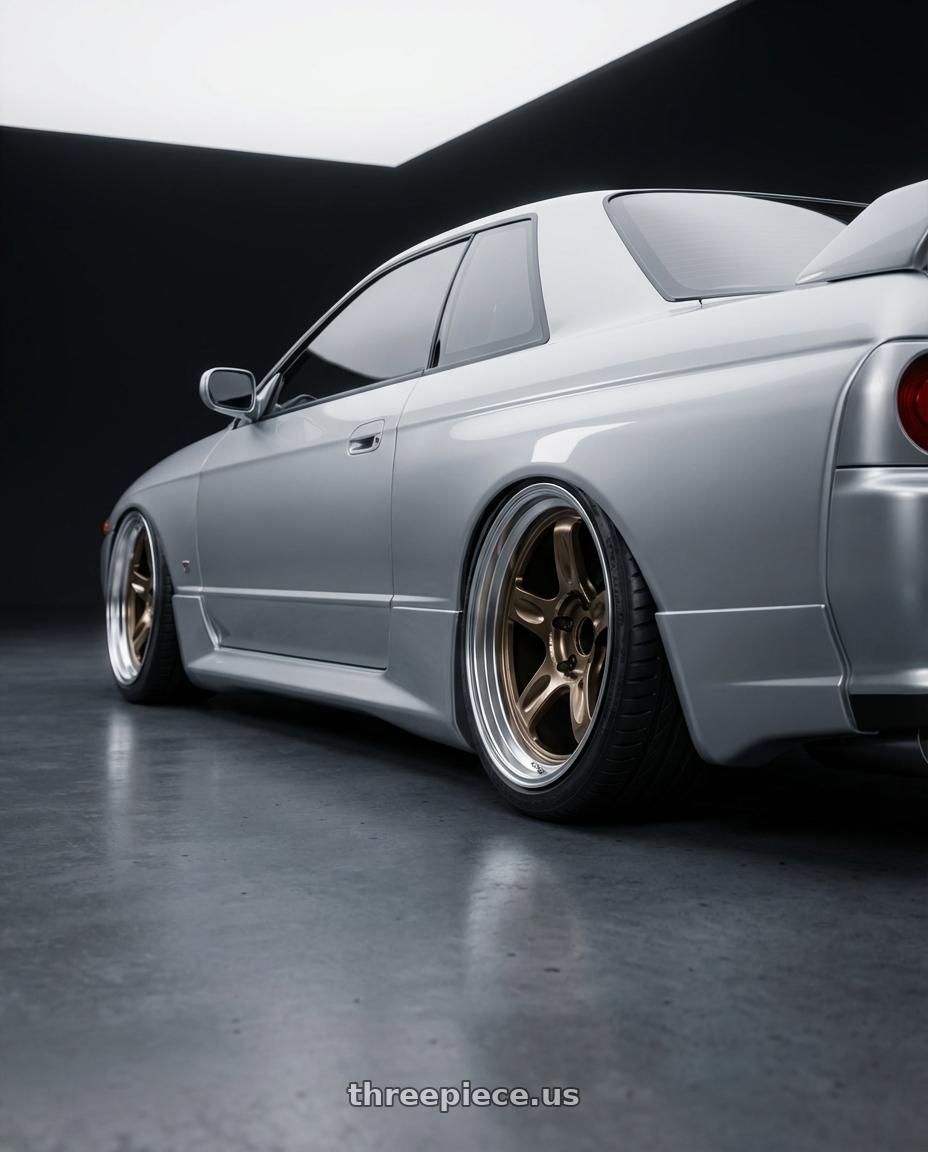 1993 Nissan Skyline with Volk Racing 21C SPEC-SR 5x114.3 18x10.5 +15 SHINING BRONZE METAL / RIM DC wheels rear three quarter view extreme stretch tires
