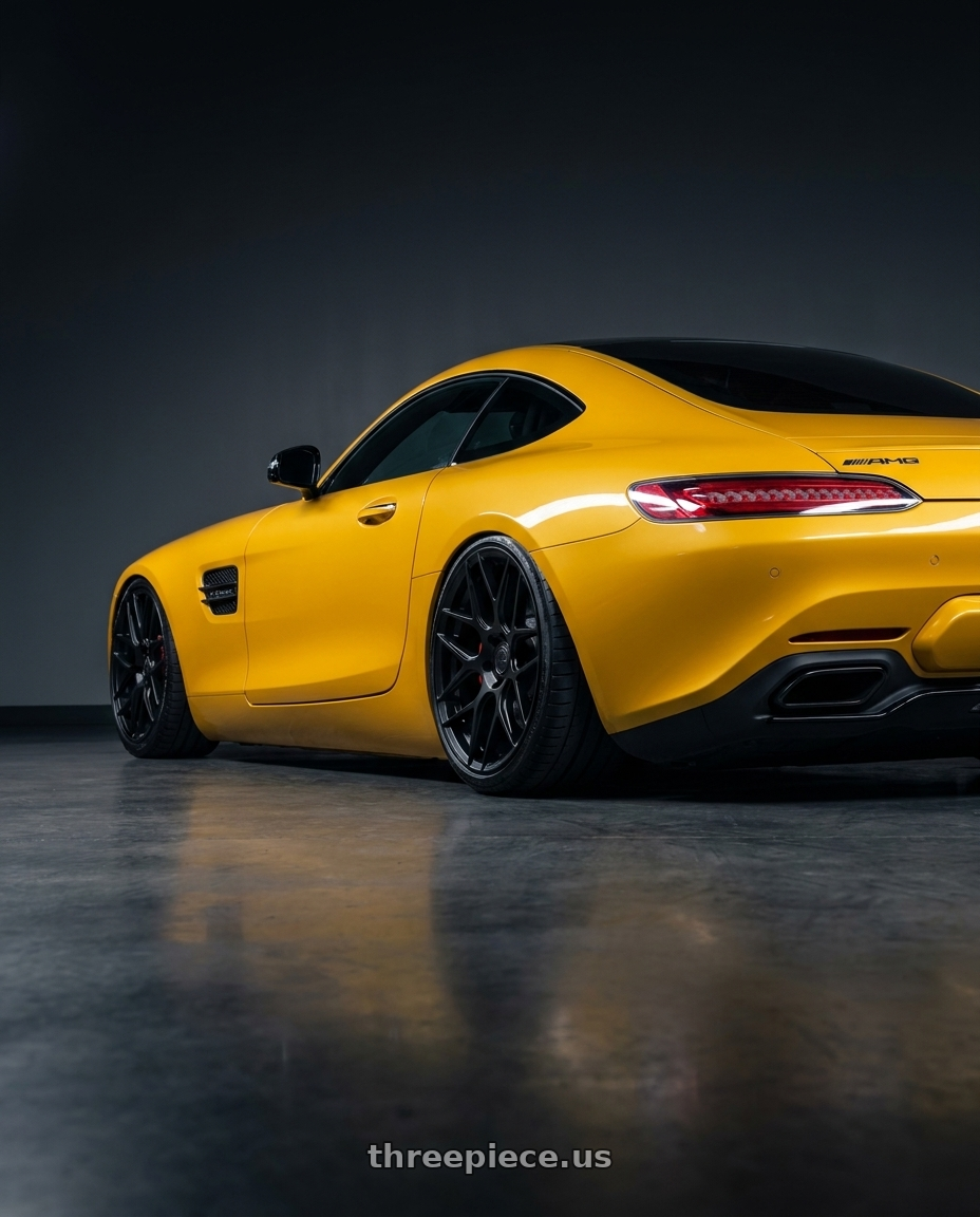 2019 Mercedes-Benz AMG GT with Aodhan AFF2 5x112 20x9+30 Matte Black wheels rear three quarter view slight stretch tires