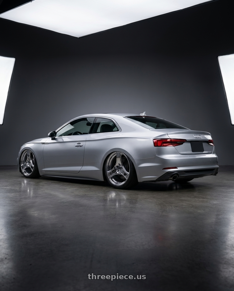 2018 Audi A5 1 with HERITAGE WHEEL BUSHIDO MONOC 5x112 18x9.5 +38 CHROME wheels rear three quarter view slight stretch tires