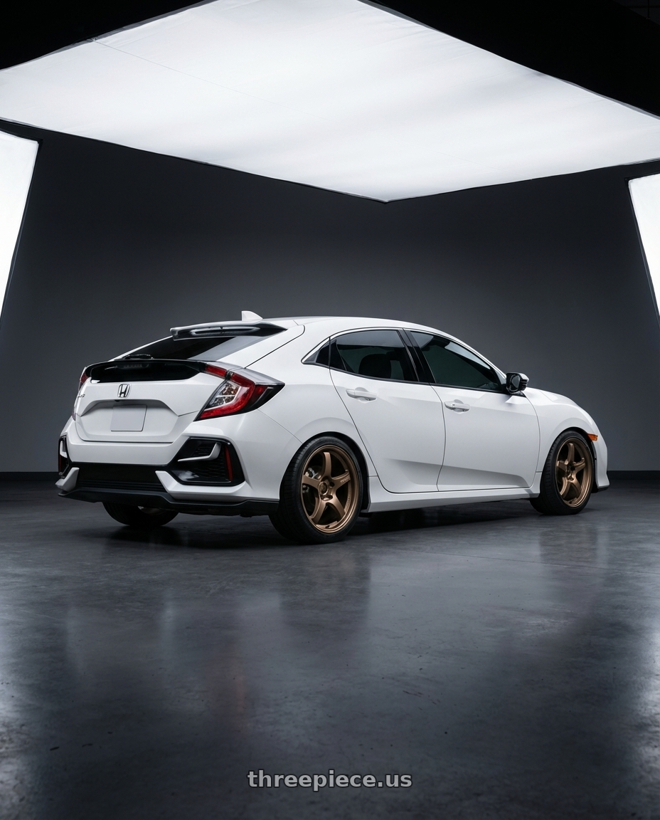 2019 Honda Civic with Gram Lights 57CR 5x114.3 18x9.5+12 Bronze II wheels rear three quarter view square tires