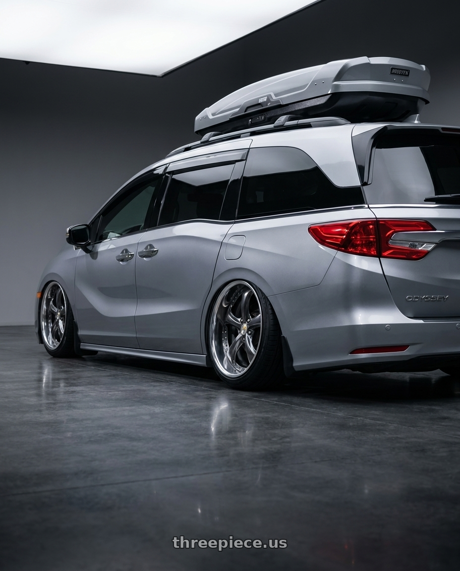 2024 Honda Odyssey with Work Wheels VS-KF 5x120 21x8+40 Brilliant Silver Black A Disk FULL REVERSE wheels rear three quarter view extreme stretch tires