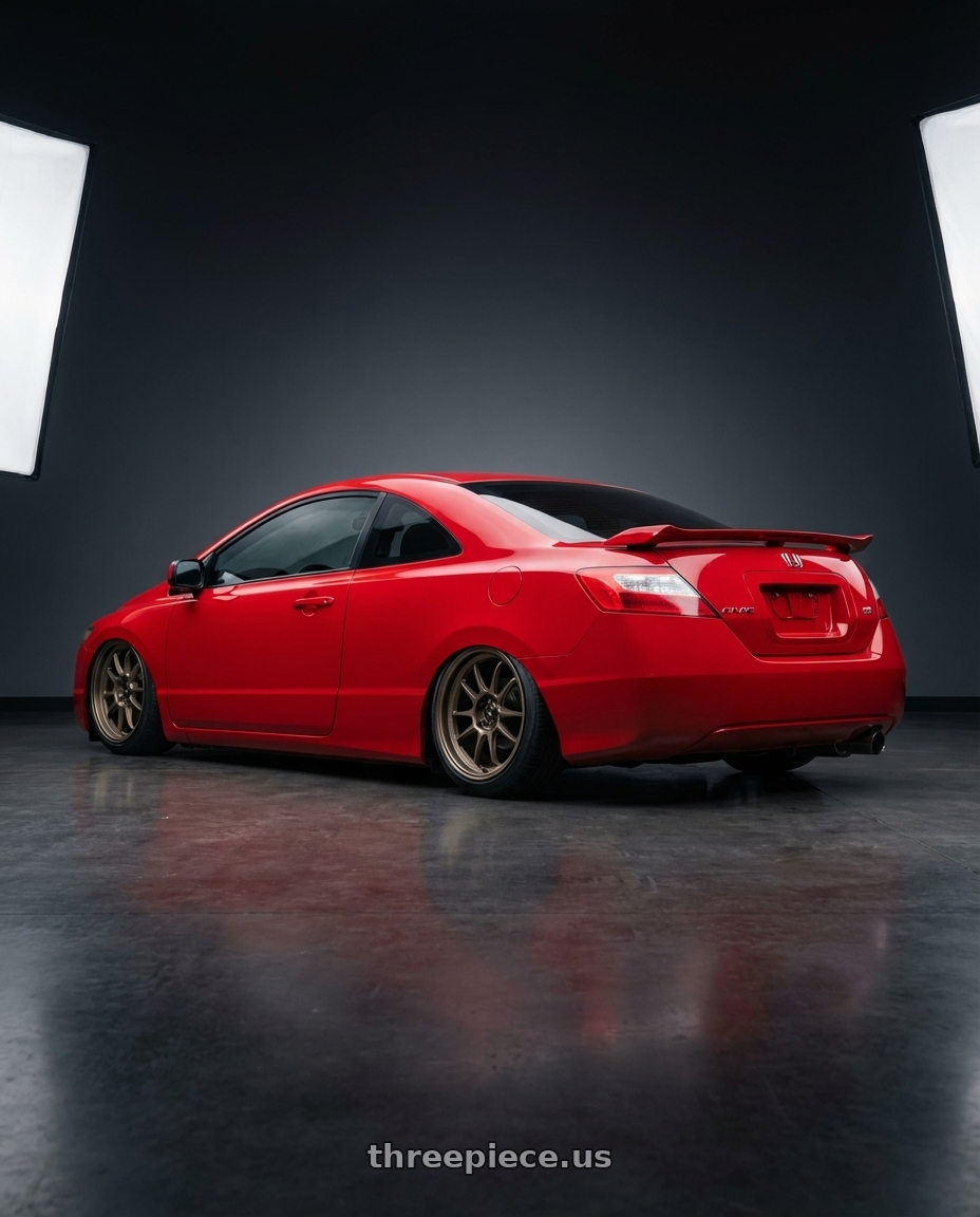 2011 Honda Civic Si with Konig Ultragram 5x114.3 18x11+15 Carbon Bronze Metallic Knurled Bead wheels rear three quarter view slight stretch tires