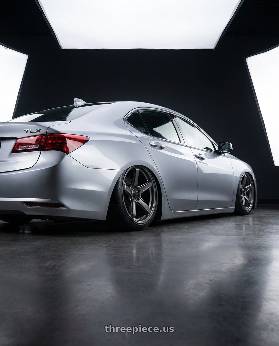 2019 Acura TLX with Konig Neoform 5X114.3 19x10.5+20 Matte Grey wheels rear three quarter view slight stretch tires