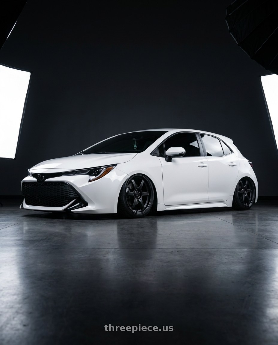 2023 Toyota Corolla Hatchback with Konig Backbone 5x114.3 18x8+35 Matte Black Milling Logo on Spoke wheels
