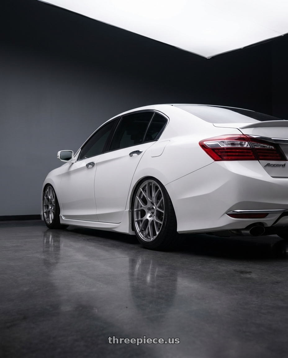 2016 Honda accord with Enkei Raijin 5x114.3 18x8+45 Hyper Silver wheels rear three quarter view square tires