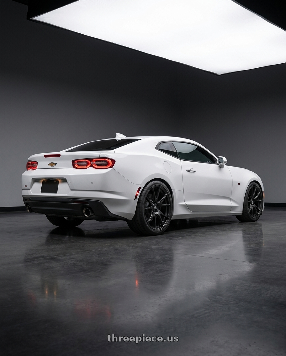 2022 Chevrolet Camaro with Forgestar CF5V 5x120 20x12 +52 Satin Black wheels rear three quarter view square tires