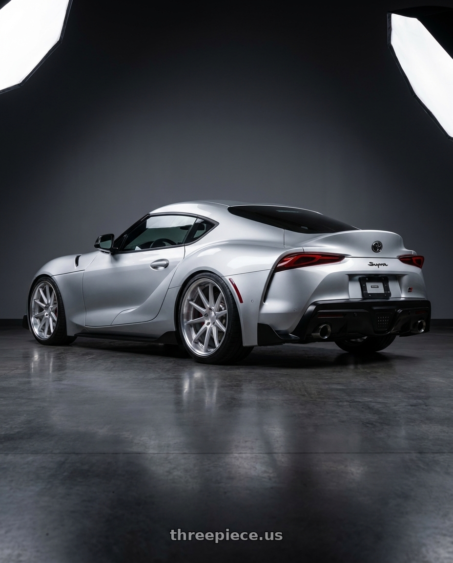 2020 gr supra premium with Work Gnosis Cv201 5x112 20x10.5+38 O Disk Matte Silver wheels rear three quarter view square tires