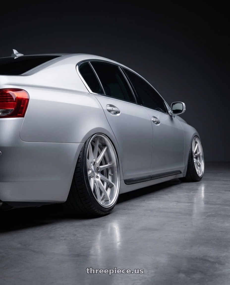 2006 Lexus gs300 with Work Gnosis Cv201 5x114.3 19x8.5+38 W Disk Brush Silver Clear wheels rear three quarter view extreme stretch tires