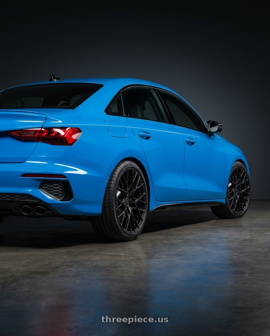 2023 Audi S3 with TSW SEBRING 5X112 19X8.5 +42 MATTE BLACK wheels rear three quarter view square tires