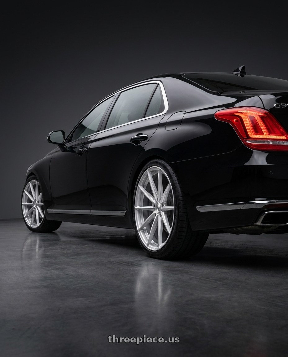 2018 Genesis G90 with DOLCE PERFORMANCE VELOCE 5x114.3 20x10 +40 Gloss Silver Machined Face wheels rear three quarter view square tires