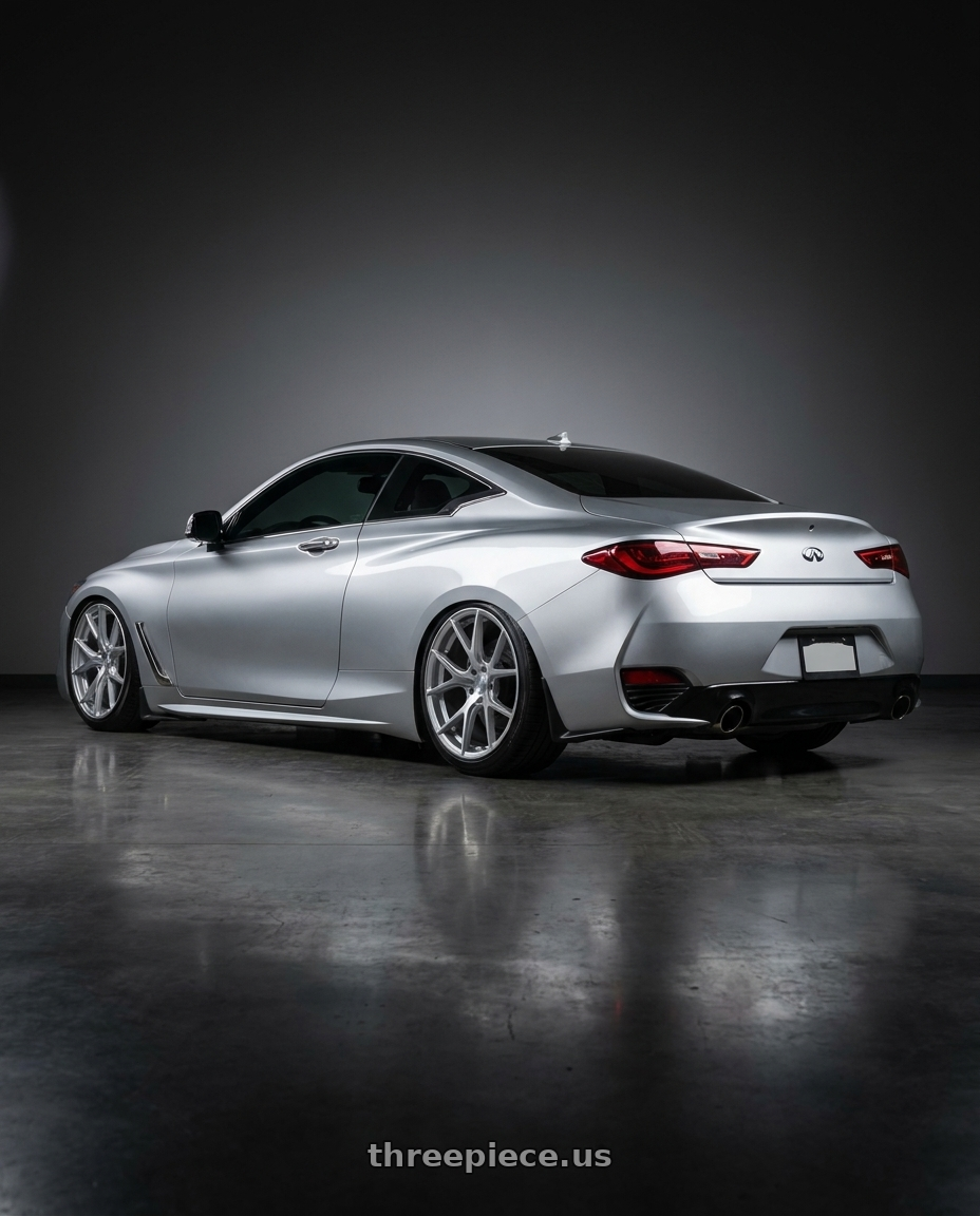 2020 Infiniti Q60 with Aodhan AFF2 5x114.3 19x9.5+35 Gloss Silver Machined Face wheels rear three quarter view slight stretch tires